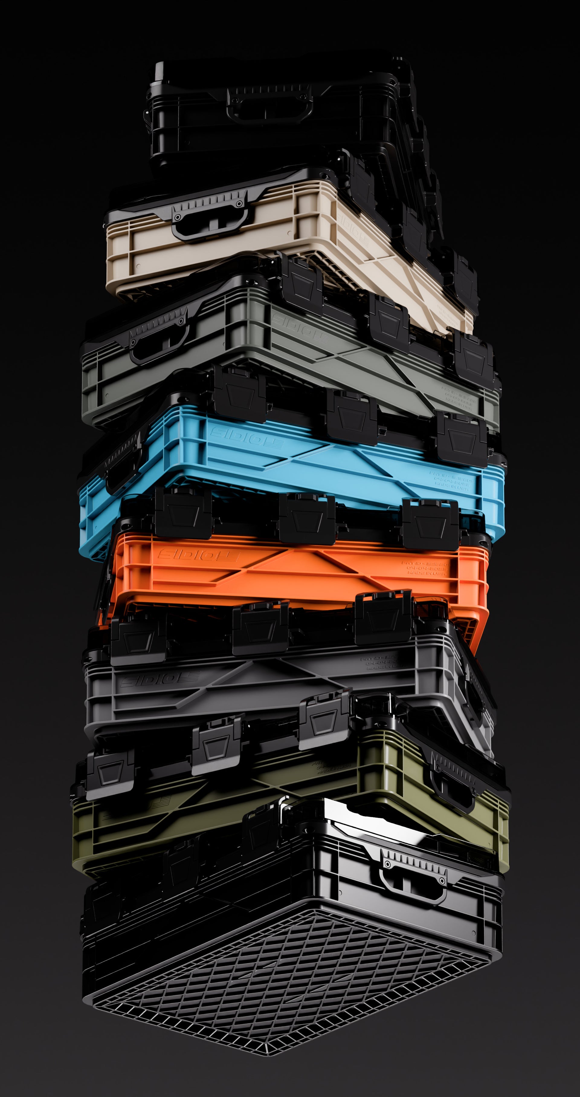 Stack of Sidio crates in multiple colors